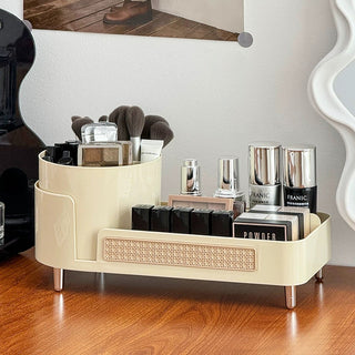 degree rotating brush stand with woven-style cosmetic storage tray