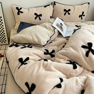 Faux Fur Black Ribbon Pattern Winter Duvet Cover Set