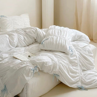 White Gathered Romantic Ribbon Duvet Cover Set  All Seasons