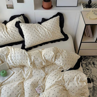 Polka Dot Pattern Black Frill Monotone Duvet Cover Set  All Season