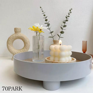 Wood grain print round accessory trayin  small item holder.