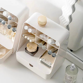 Compact cosmetic storage box with legs brush stand