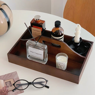 Handled Wooden Rectangular Storage Tray for Cosmetics and Perfumes
