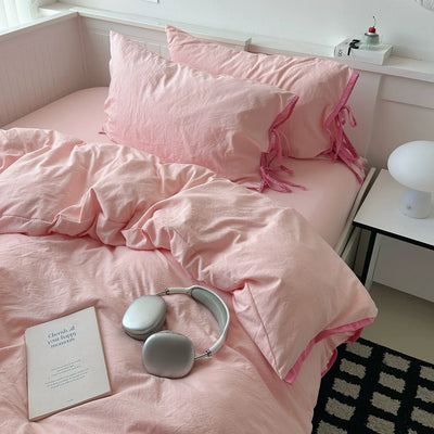 Pink Side Ribbon Plain Piping Duvet Cover Set 2 Sizes  Bed Cover All Seasons Year-Round