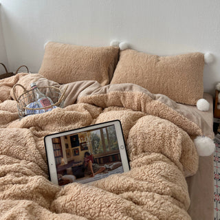 Brown Pom-pom Milk Velvet Winter Thick Duvet Cover Set