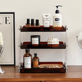 Clear Brown Acrylic Three-Tier Storage Display Rack for Cosmetics and Perfumes