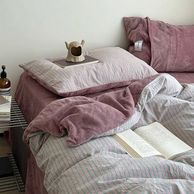 PinkPurple Pin Stripe Cotton Fleece Winter Duvet Cover Set