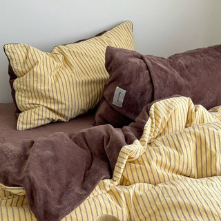 Yellow Brown Pin Stripe Cotton Fleece Winter Duvet Cover Set