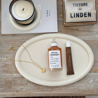PU Leather Round Oval Simple Accessory Tray  Ivory Beige