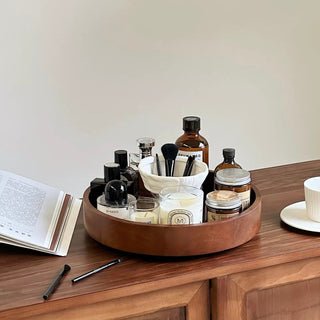 360 Degree Rotating Natural Wood Round Cosmetic Storage Tray