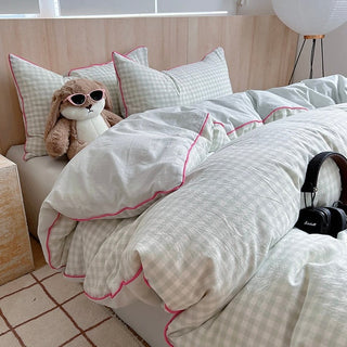 Piping Gingham Check Pattern Duvet Cover Set  Bed Cover All Season