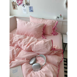 Pink Side Ribbon Plain Piping Duvet Cover Set 2 Sizes  Bed Cover All Seasons Year-Round