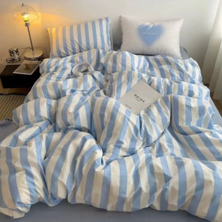 Blue and White Wide Stripe Cotton Duvet Cover Set   Bed Cover  All Seasons