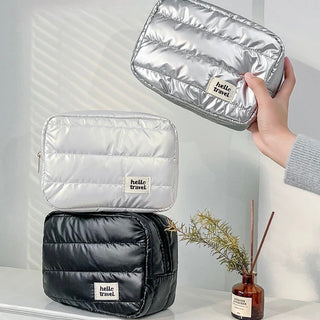 Metallic Color Rectangular Cosmetic Storage Puff Pouch  Silver Travel Pouch