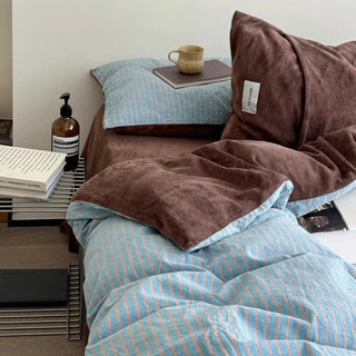 Blue Brown Pin Stripe Cotton Fleece Winter Duvet Cover Set