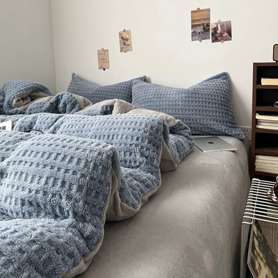Blue Gray Thick Milk Fleece Winter Duvet Cover Set