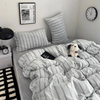 Gray Stripe Fluffy Flannel Duvet Cover Set