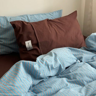 Blue Brown Pin Stripe Cotton Duvet Cover Set 2 Sizes  All Seasons
