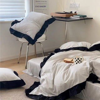 Gray Stripe Black Frill Cotton Duvet Cover Set  All Season