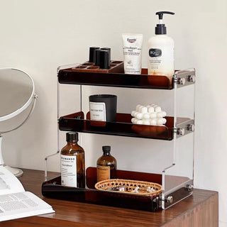Clear Brown Acrylic Three-Tier Storage Display Rack for Cosmetics and Perfumes