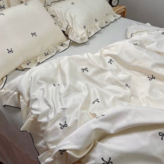 Cooling Ribbon Pattern Frill Ivory Duvet Cover Set Bed Cover Cool Touch