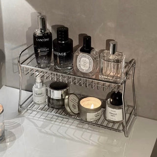 Stainless steel silver two-tier cosmetic storage multi-rack bathroom vanity perfume storage