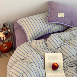 Purple Stripe Piping Thick Milk Fleece Winter Duvet Cover Set