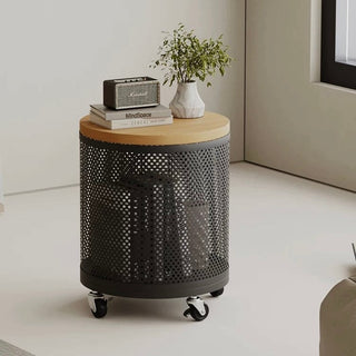 Wheeled Wood Lid Storage Round Side Table