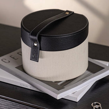 Leather Handle Round Makeup Box with Mirror Small Item Storage Cosmetic Storage