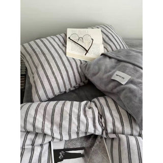 Gray Double Stripe Milk Velvet Winter Duvet Cover Set