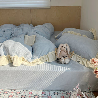 Blue Ribbon Bouquet Pattern Milk Velvet Winter Thick Duvet Cover Set
