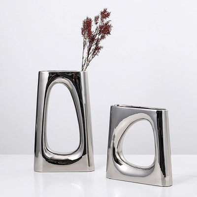 Metallic Silver Perforated Ceramic Flower Vase 2 Sizes  Hotel-like Style