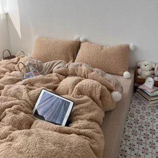Brown Pom-pom Milk Velvet Winter Thick Duvet Cover Set