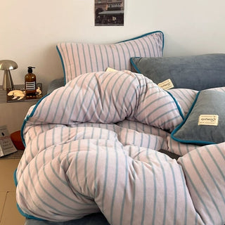 Blue Stripe Piping Thick Milk Fleece Winter Duvet Cover Set