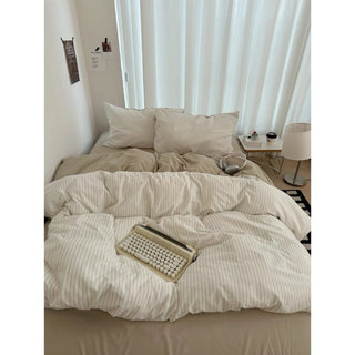 Beige pinstripe pattern duvet cover set bed cover all seasons year-round