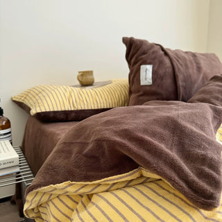 Yellow Brown Pin Stripe Cotton Fleece Winter Duvet Cover Set