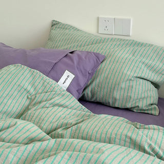 Green Purple Pin Stripe Cotton Duvet Cover Set 2 Sizes  All Seasons