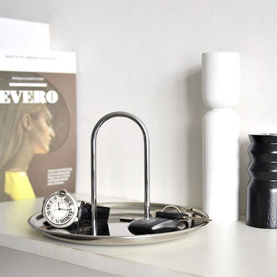 Stainless steel arched round tray with handle silver