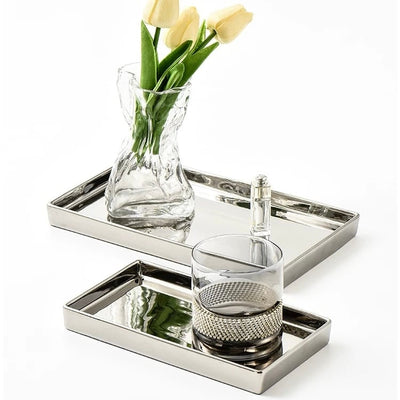 Metallic Silver Ceramic Rectangular Tray  2 Sizes