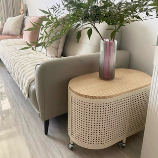 Wheeled Wood Lid Storage Oval Side Table