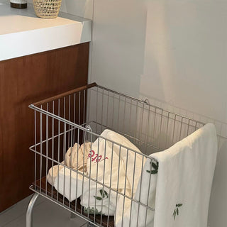 Silver Wood Laundry Basket Cart Wagon Storage