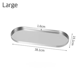 Stainless steel silver oval-shaped simple accessory trayin 3 sizes for storage.