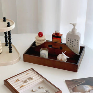 Handled Wooden Rectangular Storage Tray for Cosmetics and Perfumes