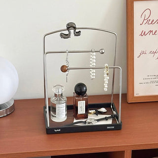 Stainless steel accessory stand with wood-grain tray for storage small item holder perfume storage.