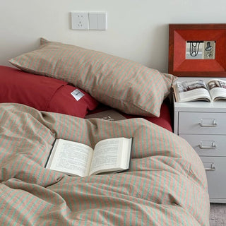 Red Beige Pin Stripe Cotton Duvet Cover Set 2 Sizes  All Seasons
