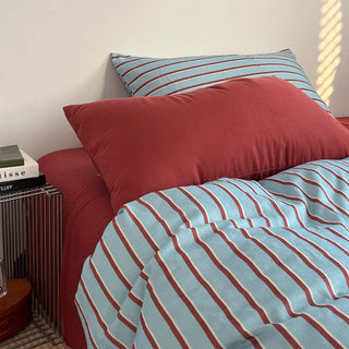 Red x Blue Stripe Soft Cotton Duvet Cover Set   Bed Cover  All Seasons