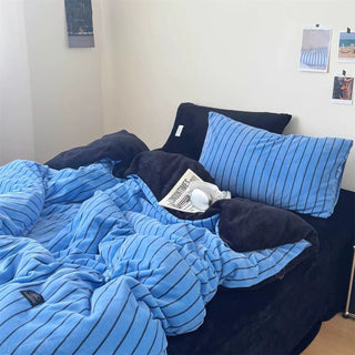 Dark Color Pinstripe Milk Velvet Winter Duvet Cover Set