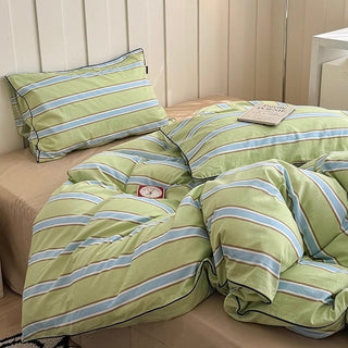 Green Mixed Color Wide Stripe Cotton Duvet Cover Set 2 Sizes  All Seasons