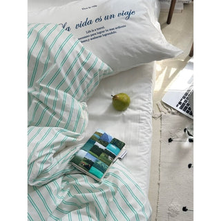 White and Green Stripe Duvet Cover Set