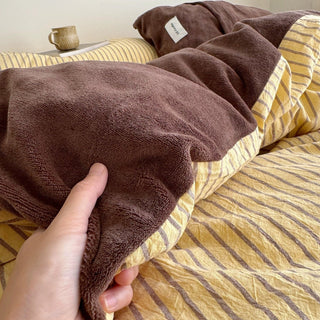 Yellow Brown Pin Stripe Cotton Fleece Winter Duvet Cover Set